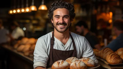 Foto op Plexiglas Happy business owner in bakery holding tray of freshly baked bread, AI Generated © Shining Pro
