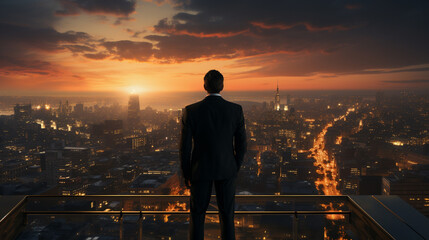 Portrait of successful entrepreneur on top floor of skyscraper with view of bustling city, AI Generated
