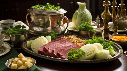 An elaborate Saint Patrick's Day feast with classic Irish dishes like corned beef and cabbage, surrounded by shamrock decorations.