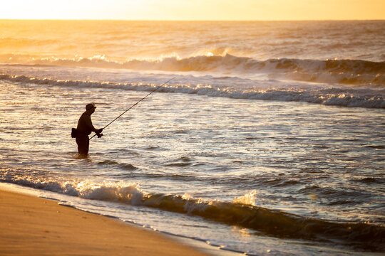 Fisherman silhouette on the beach surfcasting during a colorful sunrise. Robert Moses State Park, Long Island, New York.
