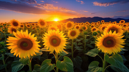 Fototapeta premium Field of sunflowers in full bloom, bathed in the warm glow of a setting sun