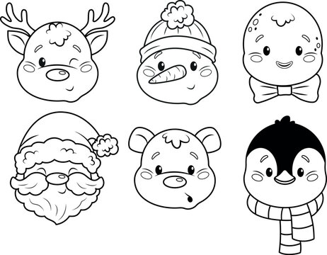 set of christmas cartoon characters, outline vector illustration of santa,reindeer,polar bear,penguin,snowman and gingerbread man. Coloring or activity page for kids.