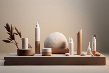 Skinimalism or skin minimalism concept. Set of cosmetics in zen style. Spa products, stone