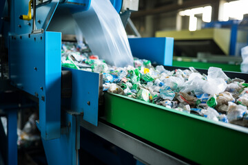 Conveyor assembly line with garbage bottles and packaging. Industry Plant for sorting and processing plastic and paper waste