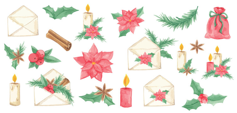 Hand drawn watercolor Christmas set. Vector. New Year, holidays. December 25th. Family holiday traditions. Candles, an envelope, a Christmas tree. Elements for decor. Compositions. 