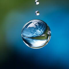 Detailed water drop on blue blurred background. Generative AI