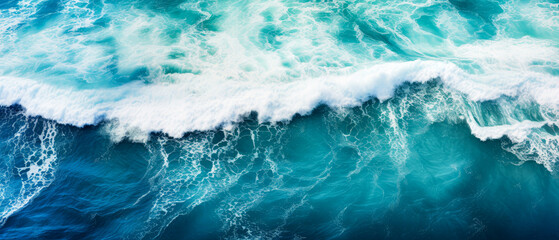 An aerial view of seascape. Top down.Ocean wave on coastline. Panoramic nature wallpaper. Generative ai