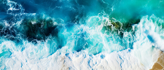An aerial view of seascape. Top down.Ocean wave on coastline. Panoramic nature wallpaper.  Generative ai - obrazy, fototapety, plakaty