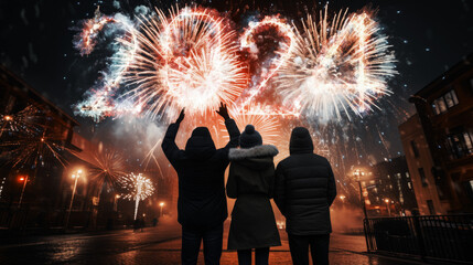 Firework explosion in the night sky celebrating happy new year 2024 . National firework shooting in the beautiful sky for a new year day of year 2024 . - obrazy, fototapety, plakaty
