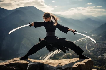 Foto op Plexiglas Woman in kimono swings swords in mountains. Generative AI © Nomad_Soul