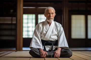Foto auf Leinwand Elderly aikido master wearing kimono sitting in training room. Generative AI © Nomad_Soul