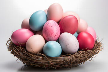 Naklejka premium easter card, easter bunny with eggs, easter eggs and flowers, easter eggs in a basket, easter eggs and flowers on a white background, easter wall paper and background for social media