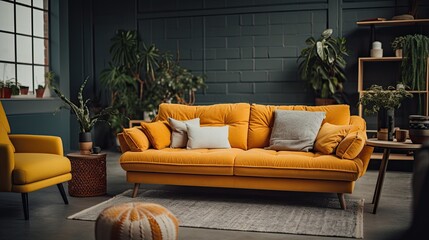 A modern sofa with stylish decor cozy atmosphere