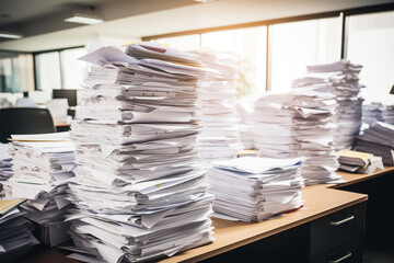 Huge stacks of documents on desks in the office. Generative AI - obrazy, fototapety, plakaty
