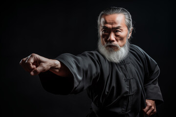 Mature martial art fighter master on black background. Generative AI - obrazy, fototapety, plakaty