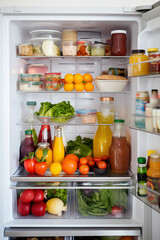Refrigerator with different fruits, vegetables and useful vitamins. Generative AI
