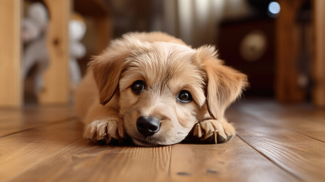 Adorable puppy lying down on a wooden floor with a plush red heart toy