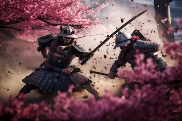 Foto auf Acrylglas Samurai fighting under blossom sakura in traditional costumes. Generative AI © Nomad_Soul