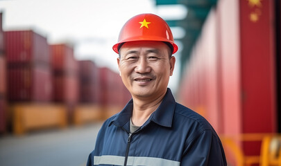 Portrait chinese worker young man in uniform working on cargo warehouse of port. Concept China industry logistic of Asia - obrazy, fototapety, plakaty