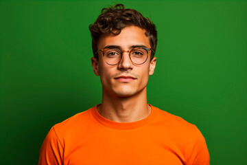 Obraz premium a young man with glasses wear a orange top on green background