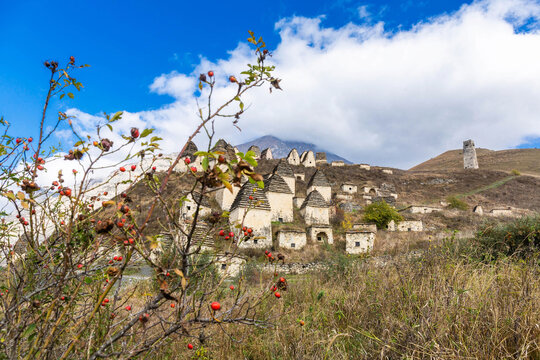 The view of the crypts in the City of the Dead in Dargavs, North Ossetia. North Caucasus region, Russia.