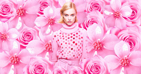 Obraz na płótnie Canvas Fashion luxury model in pink bloom flower space. Stylish collage art