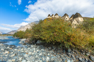 The view of the crypts in the City of the Dead in Dargavs, North Ossetia. North Caucasus region,...