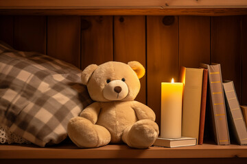 Teddy bear sitting shelf among books. Generative AI