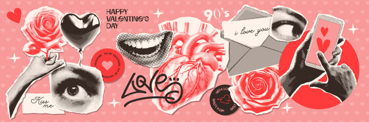 Y2k Collage grunge stickers for Valentine's day with lovely stickers in halftone style . Vintage dotted punk collage elements of lips, eyes, paper and online letters on retro poster. Vector - obrazy, fototapety, plakaty
