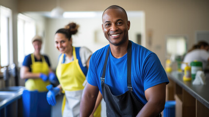 Smiling man in a cleaning service uniform with colleagues in the background, indicating a professional cleaning team at work. - obrazy, fototapety, plakaty