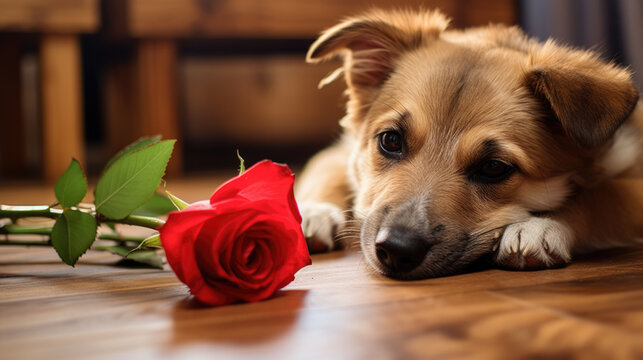 Adorable puppy lying down on a wooden floor with a plush red rose toy