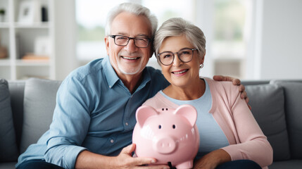 Cheerful senior couple sitting closely together on a sofa, holding a piggybank, symbolizing financial security and savings in their retirement years. - obrazy, fototapety, plakaty