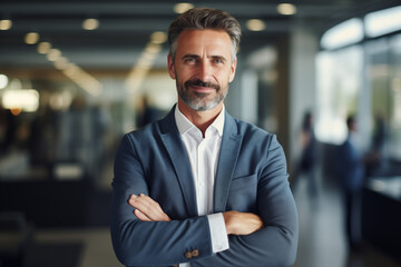 Fototapeta premium Portrait of successful middle age businessman looking at camera and smiling inside modern office building. AI Generated
