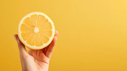 Foto op Plexiglas Hand holding sliced lemon fruit isolated on pastel background © Aris