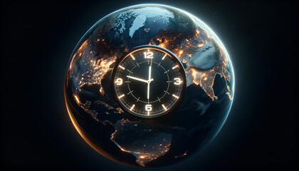 A 3D-rendered image of a globe with a clock, this time focusing on a night-time theme. 