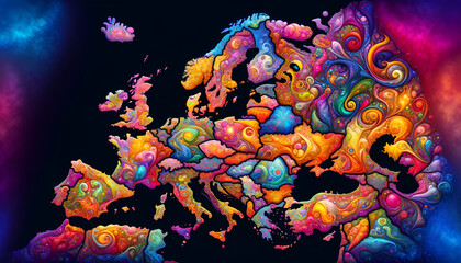 Fototapeta na wymiar A whimsical map of Europe, depicted in a psychedelic style with vibrant, surreal colors and dreamlike patterns.