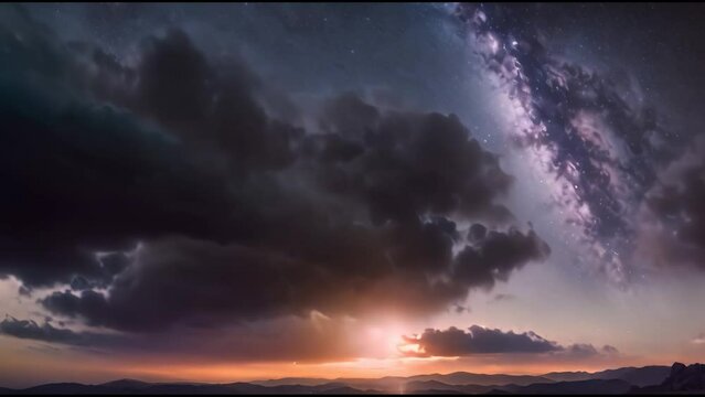 sunset and galaxy visible in space on the earth. Milk way in sky. dark clouds