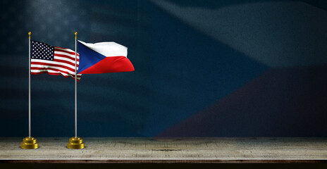 America and Czech flags waving together on dark blue background - obrazy, fototapety, plakaty