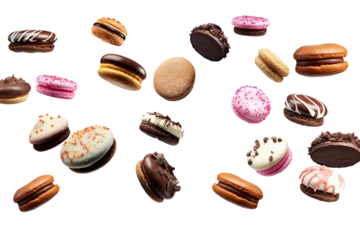 Fotobehang Various types of colorful Dessert falling with flakes or crumbs in the air isolated on transparent background, dessert sweet concept, chip balls, cookies and cupcake. © TANATPON