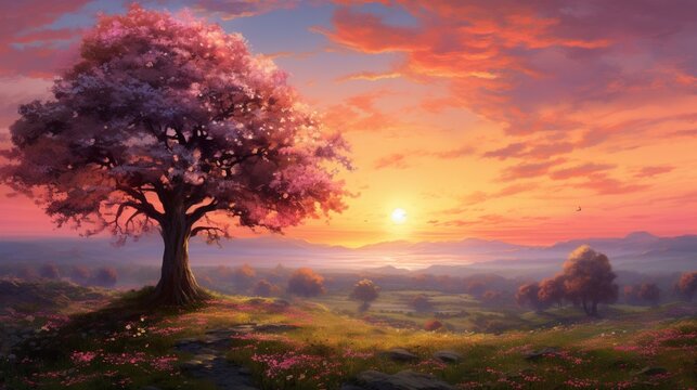 A mesmerizing spring sunset paints the sky with hues of orange and pink, illuminating the tree tops.