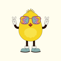 Cartoon easter groovy chick in trendy retro 70s style.Vector illustration