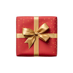 Top vies of red gift box with gold bow and ribbon without background