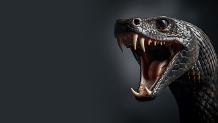 Black snake with open mouth ready to attack isolated on gray background