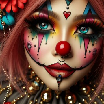 A close up of a woman with clown makeup, cutecore clowncore, intricate clown makeup