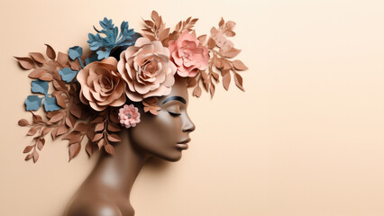 International Women's Day 8 march. Cardboard cutout of a female profile adorned with paper flowers.