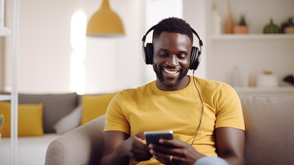 Naklejka premium Young man smiling while looking at his phone and listening to music with headphones at home