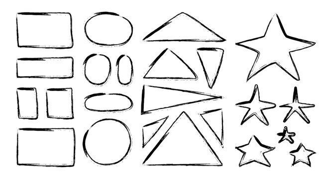 Set of grunge charcoal geometric shapes rectangle circle star hand drawn with pencil sketch with chalk marker. Flat doodle style. Vector illustration.