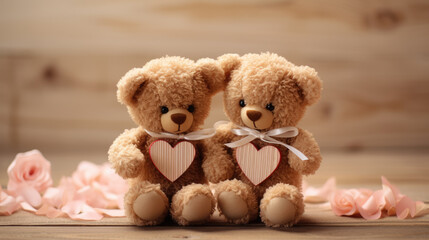 Two brown teddy bears with a heart-shaped ornament between them, evoking a sense of love and affection.