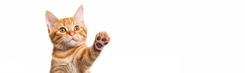 Funny ginger kitten at giving high five, isolated on white. Copy space