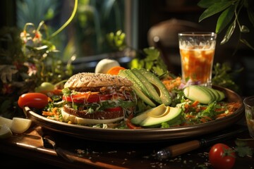 A avocado hamburger in a coffee with tropical plants and reggae music., generative IA